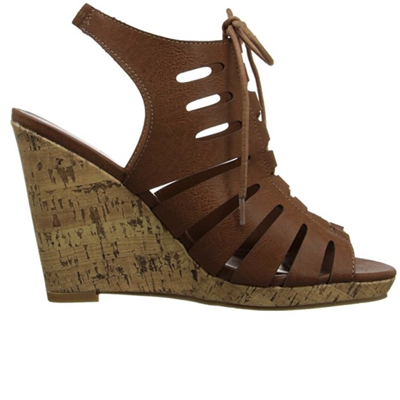 Cognac LaceUp Laser Cut Cork Platform Wedge Sandal - Picture 3 of 8